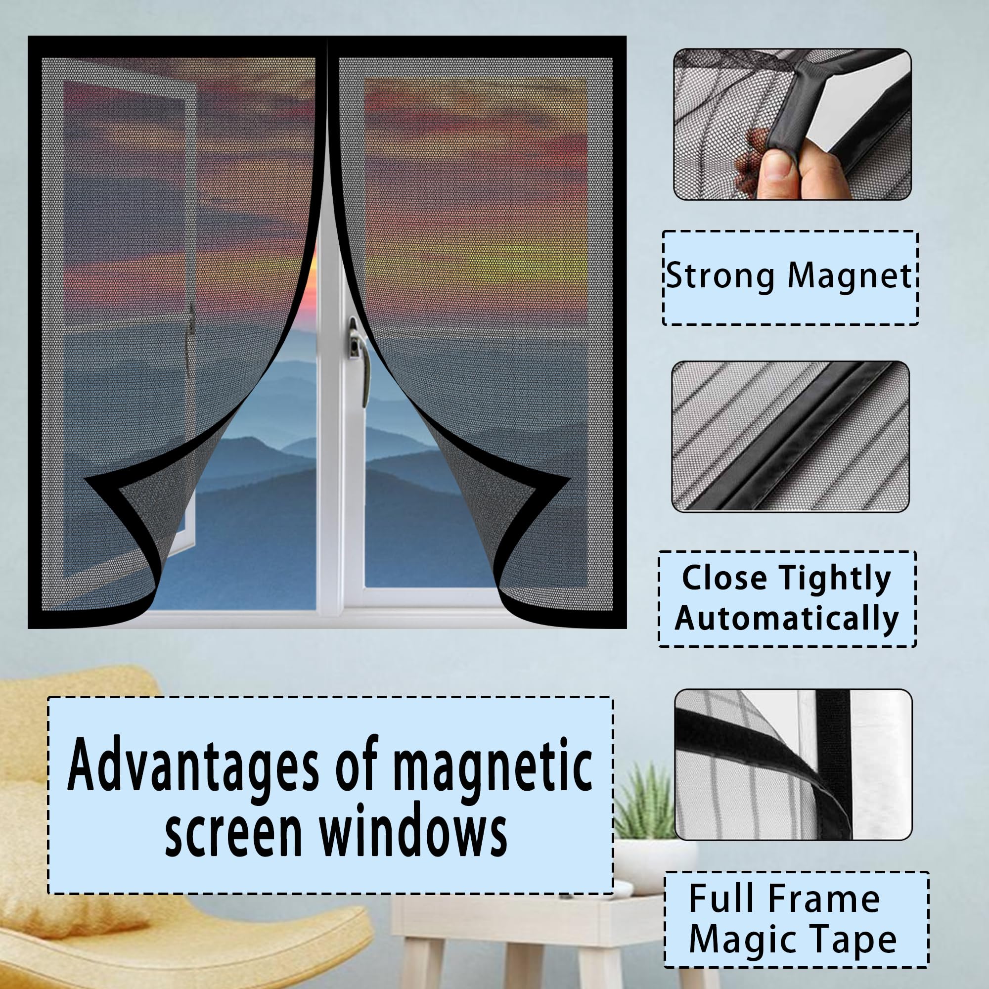 Fliegennetz Fenster Magnet 205 x 206 cm Insektenschutz Magnetvorhang Fliegennetz Moskitonetz Ohne Bohren mit Starkem Klettband für Terrassentür Und Fenster, Weiß