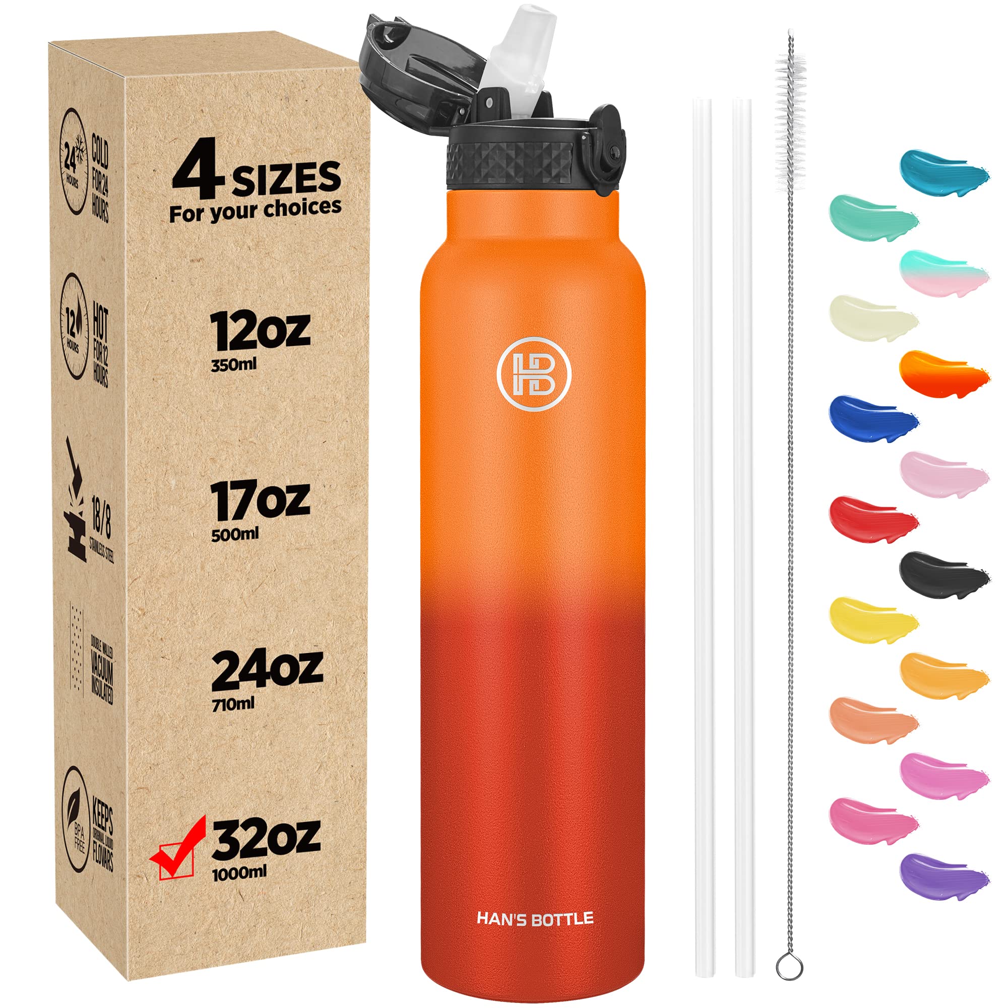 Han's Bottle Sports Water Bottle - 32 Oz, Straw Lid, Leak Proof, Vacuum Insulated Stainless Steel, Double Walled, Thermo Mug,Fire