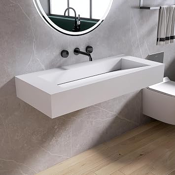 42 Vessel Sink Wall-Mount Bathroom Sink V-Shaped Floating Sink Stone Resin in Matte White AFS162-1067