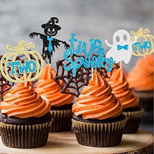 Miniatura 4 de Gyufise 24 piezas de Halloween dos decoraciones espeluznantes para cupcakes con purpurina azul, fantasma, calabaza, cupcakes, decoración de pastel