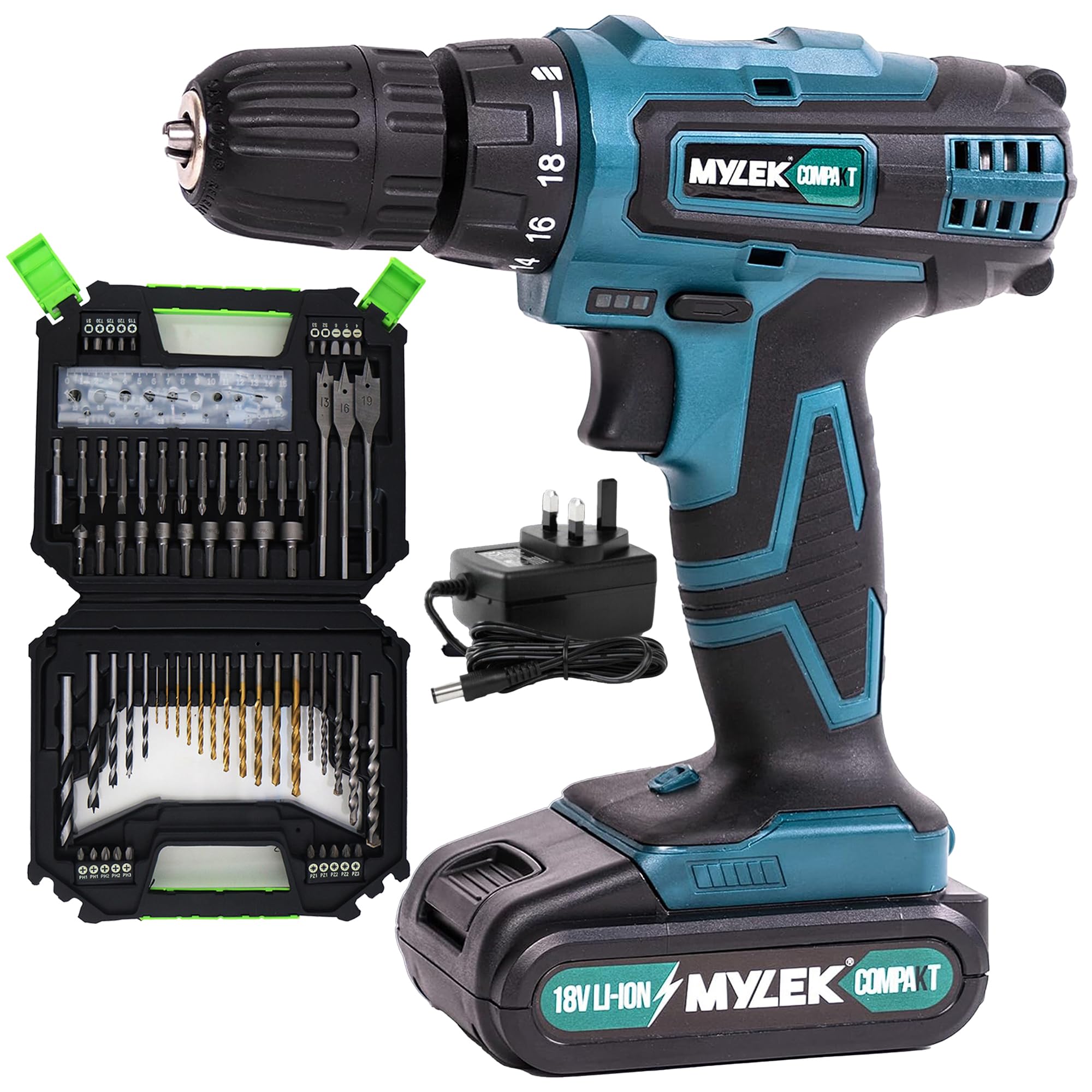 MYLEK 18V Cordless Drill - Lithium Ion Drills Driver Screwdriver Set - 13 Piece Combi Accessory Kit - LED Worklight, 18 Volts Blue/Black with MYLEK 4ORCE Accessory Kit (128 Piece)