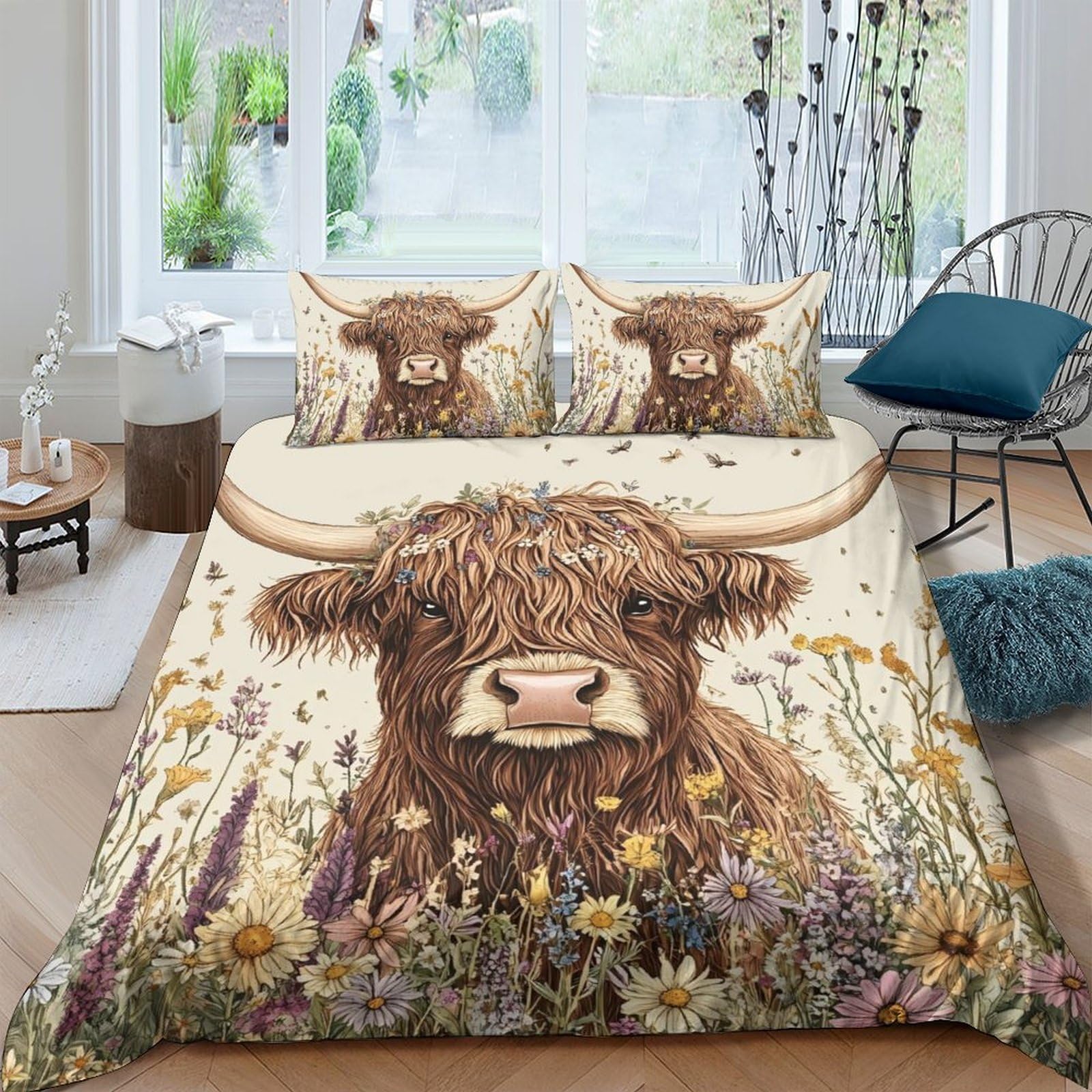 Ctjqhvkz Style-2 3D Printed Highland Cow Fitted Sheet Microfiber Soft Brown Floral Meadow Bed Cover For Bedroom Dorm Mattress Decor Single（135X200cm）