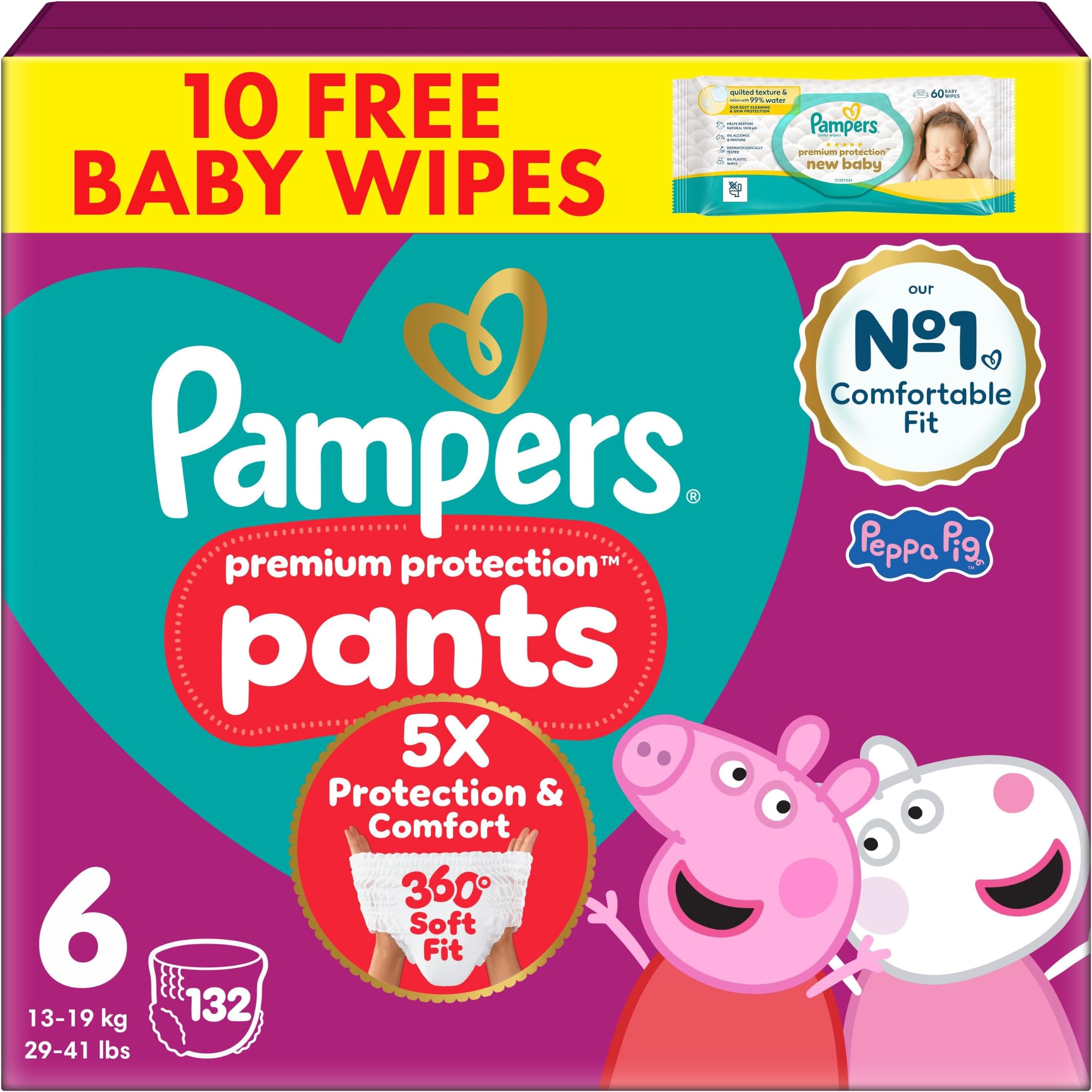 Premium Protection Nappy Pants Size 6, 132 Nappies, 13kg-19kg, Monthly Pack + Pampers Harmonie Aqua Baby Wipes 1 pack of 10 Wipes