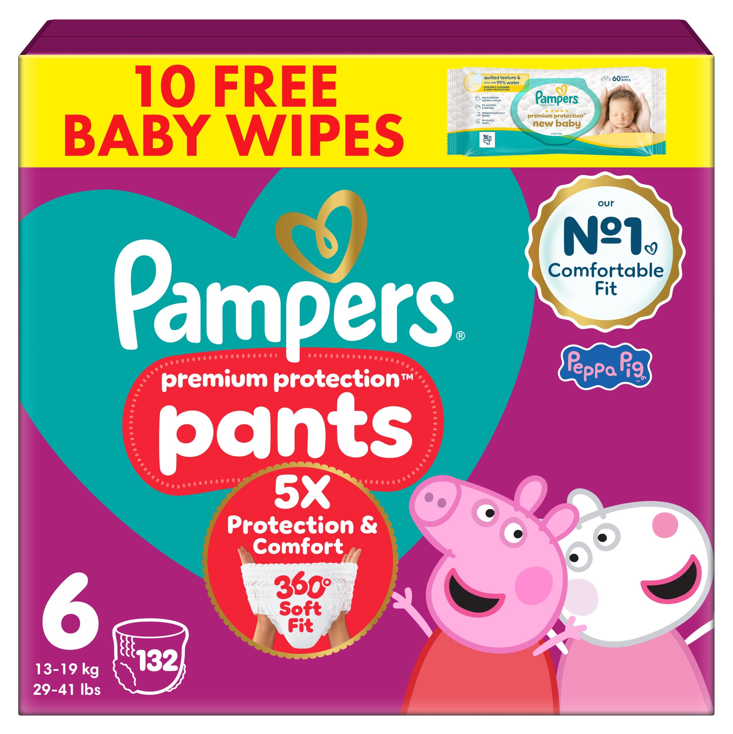 Pampers Premium Protection Nappy Pants Size 6, 132 Nappies, 13kg-19kg, Monthly Pack + Pampers Harmonie Aqua Baby Wipes 1 pack of 10 Wipes