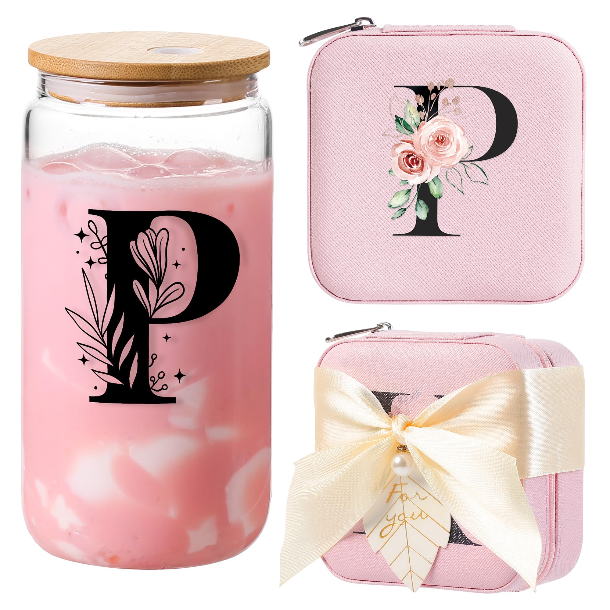 AYGXU Travel Jewelry Organizer, 16oz Glass Cups with Bamboo Lids, Aesthetic Coffee Cups, Graduation Travel Essentials Small Jewelry Box, Personalized Jewelry Boxes for Women, Initial P Pink