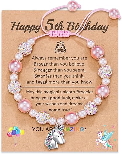 HGDEER Regalos de cumpleaños de unicornio para niñas de 345 años, pulsera ajustable con dije de unicornio de perlas rosas para niñas, hija, nieta,
