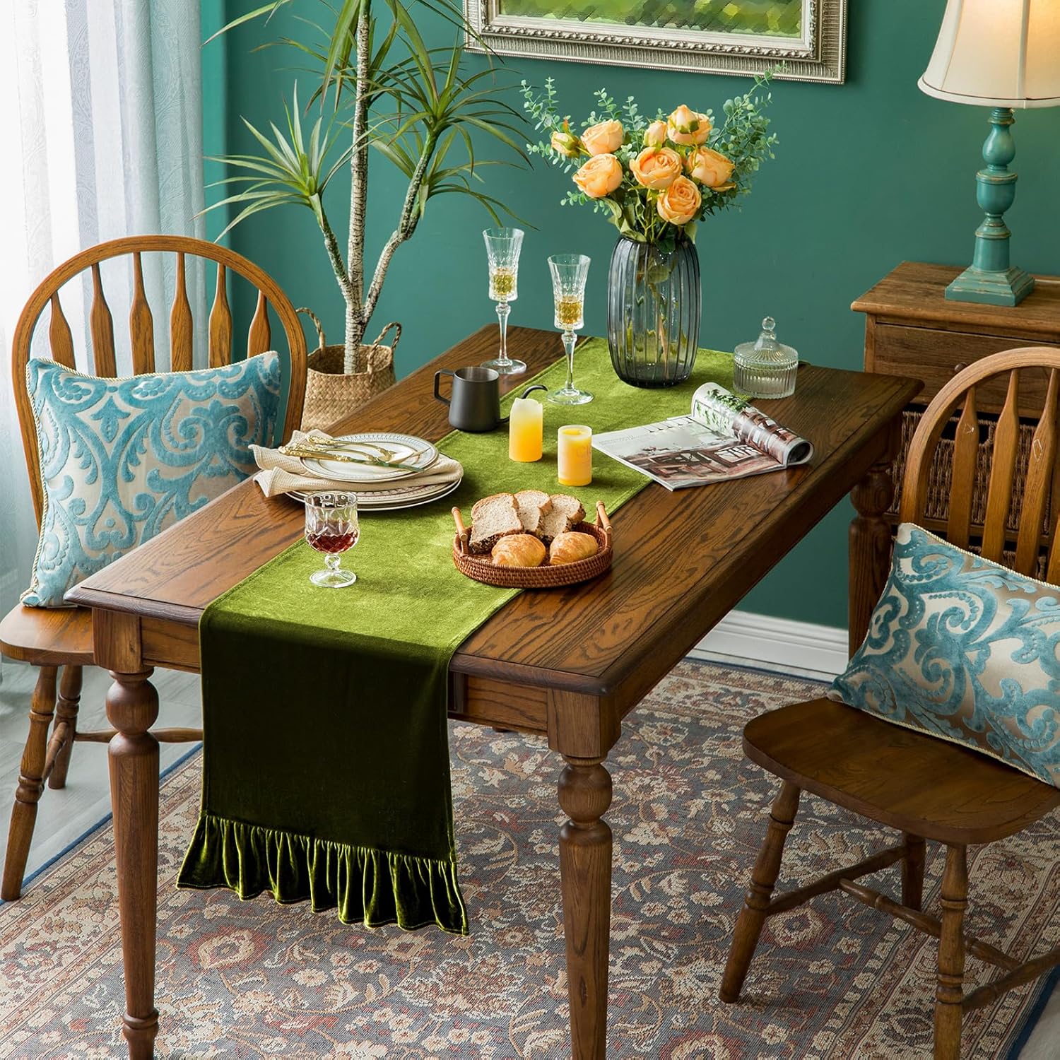 Velvet Table Runner Soft Decorative Luxurious Solid 72 Inches Long Tablecloth with Retro Ruffle Flounces Table Runner Dresser Scarves for Kitchen Dining Room Coffee Table Olive Green,14x72 Inch