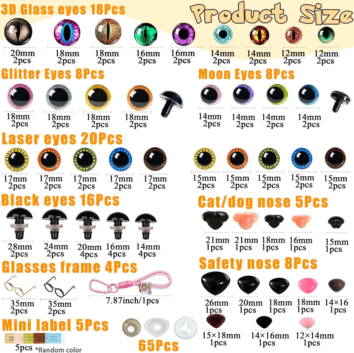 CSCHENGO 158PCS 12-28mm Amigurum Glass Safety Eyes for Crochet Animals,Glitter 3D Moon/Middle/Black Crochet Safety Eyes/Glasses/Labels/Sling,Adult Crochet Set for Creative Art Making