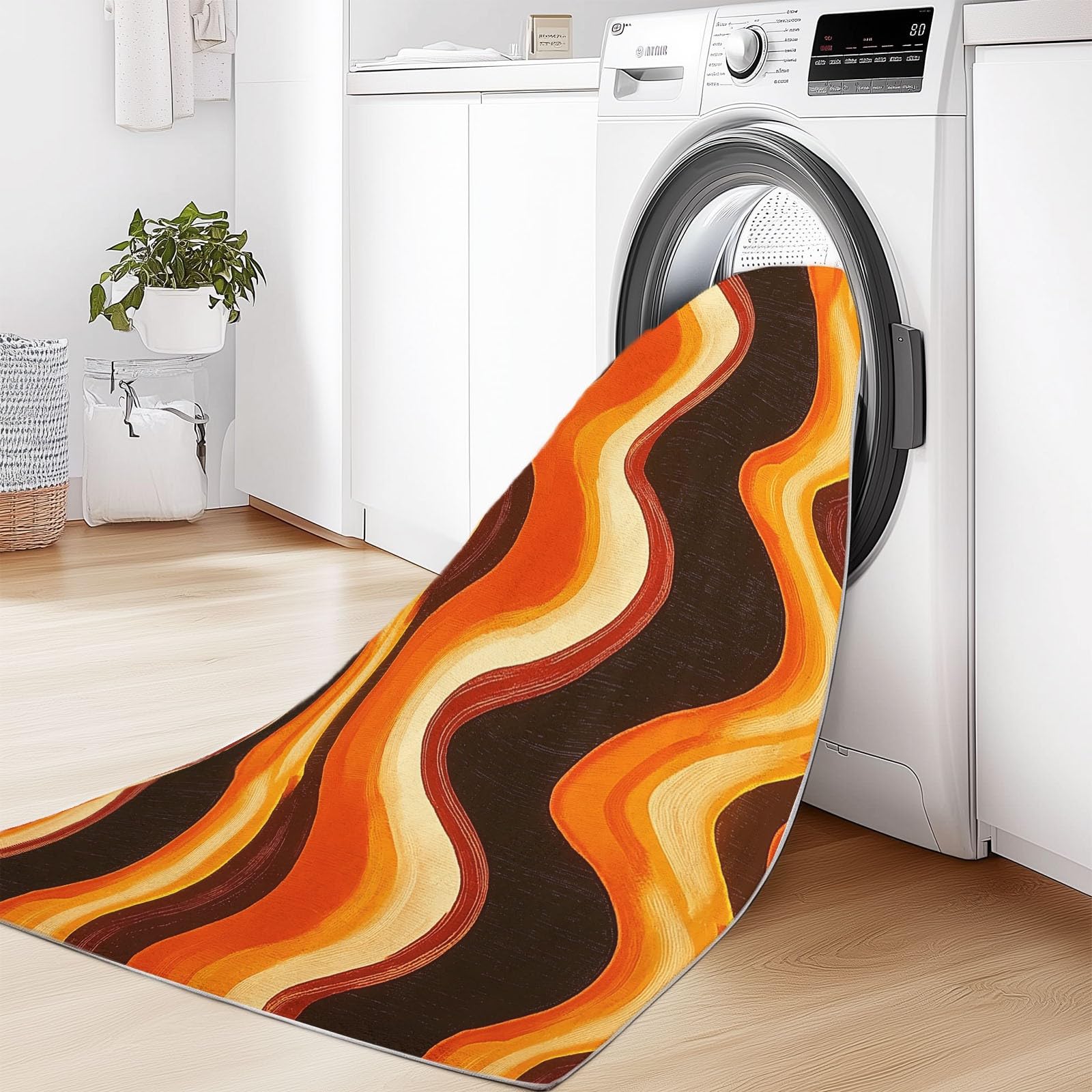 Générique Tapis Salon Vagues Rétro Funky 160 x 230 cm Tapis Chambre Impression 3D Moderne, Couleur Orange Moquette Antidérapant Lavable Machine, pour Salon Salle à Manger Bureau
