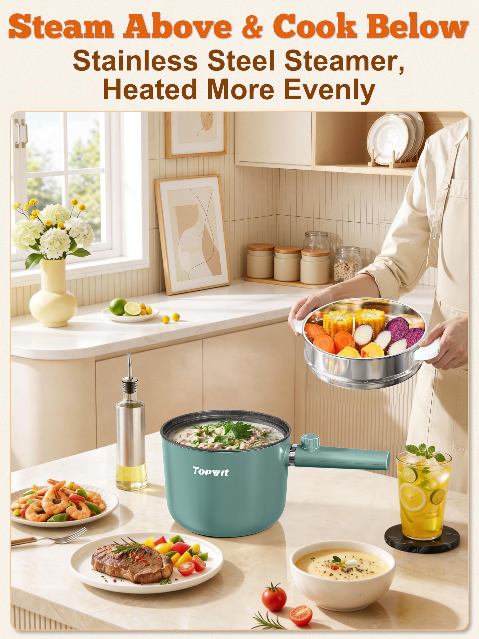 Amazon.com: Topwit Hot Pot Electric with Steamer, 1.5L Ramen