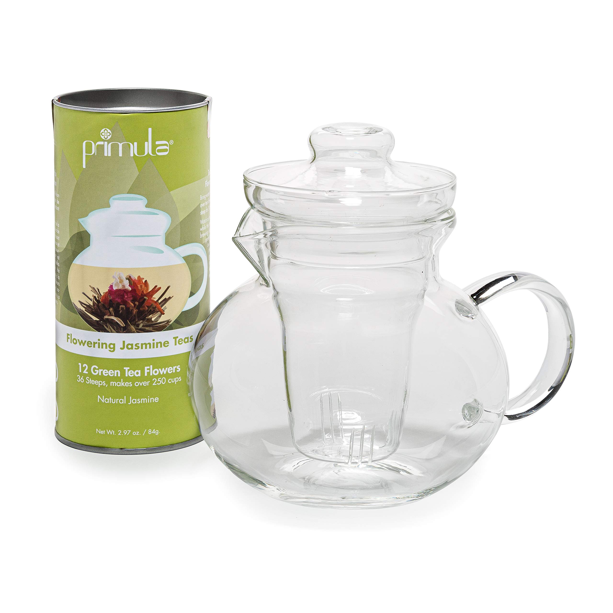 Primula Blossom Borosilicate Glass Teapot Infuser and 12 Blooming, Loose Leaf, Bagged and Flowering Tea, Clear, 12 Flowering Teas