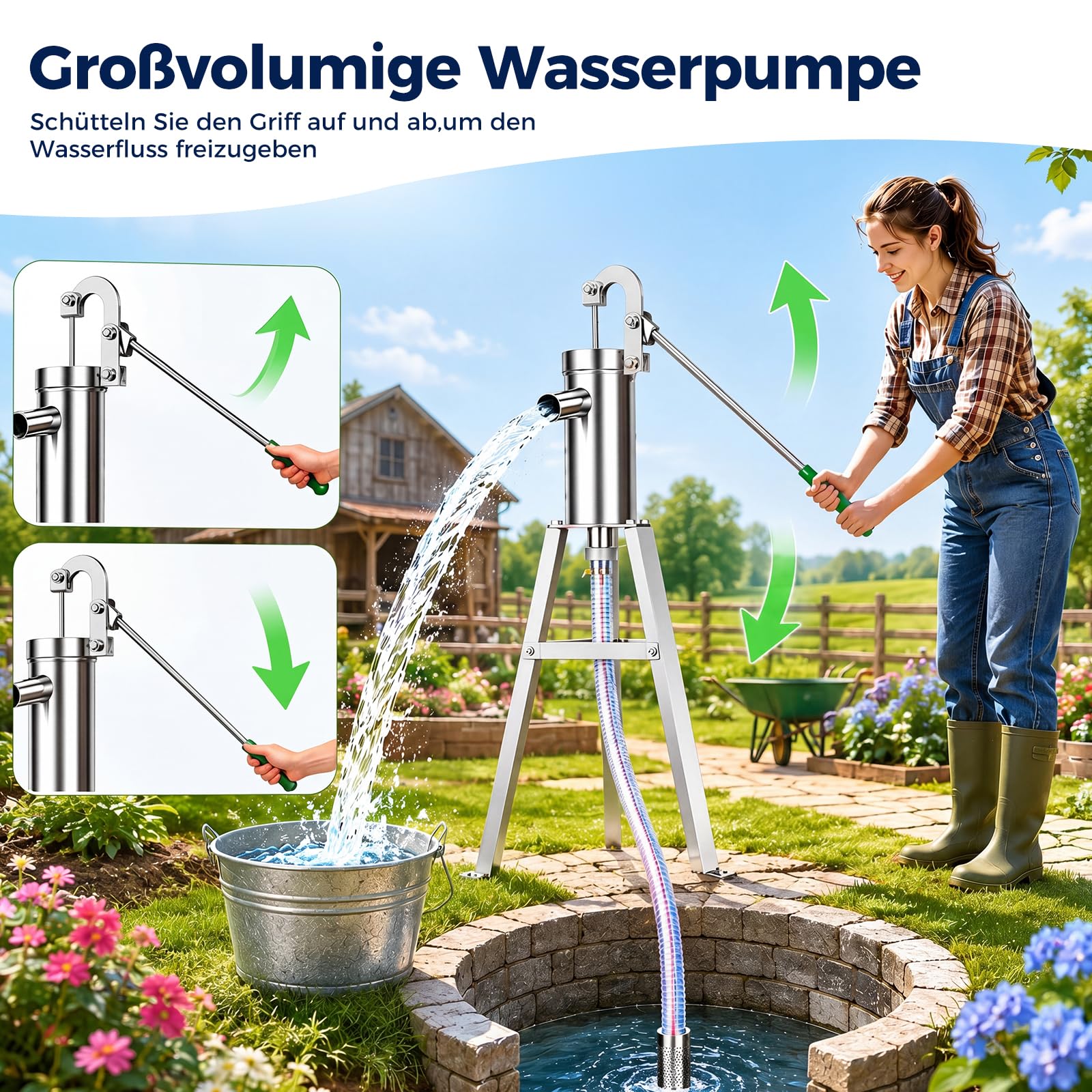 Schwengelpumpe Set, Schwengelpumpe Komplett Set mit 58 cm Ständer & 5 m Schlauch, Handpumpe Wasserpumpe Gartenpumpe Edelstahl Haushalt Grundwasserpumpe Brunnen für Gartenhof Hof und Bauernhof