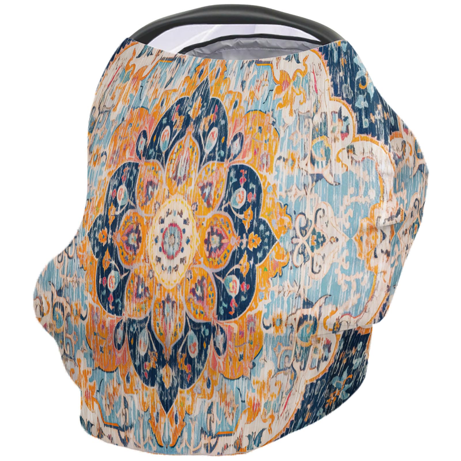 Nursing Cover for Breastfeeding Scarf, Orange Blue Flower Textured Boho Oriental Vintage Baby Car Covers Super Soft Multi Use for Canopy Shopping Cart Cover Blanket Stroller Cover