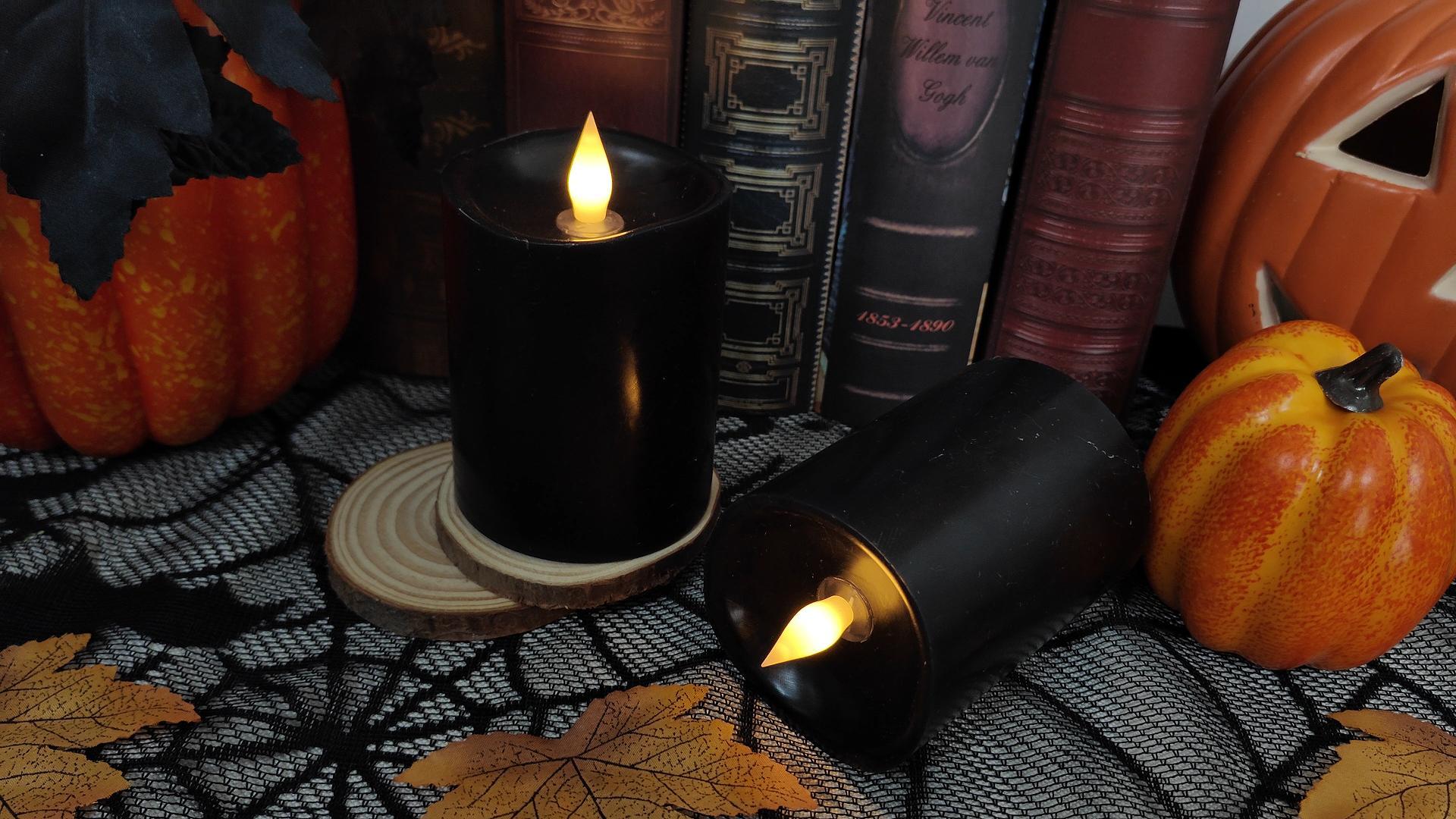 Image of 3x4 Flickering Flameless Candles Set of 2, 2AA Battery Life 600 Hours Battery Candles Flickering with Timer,4 inch Flameless Candles with Remote for Home Wedding Party Halloween Decoration, Black