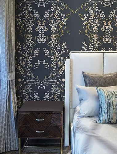 Miniatura 5 de HAOKHOME Papel tapiz floral para despegar y pegar, vintage, azul marinobeigeverde oliva, damasco, papel de contacto apto para inquilinos, 17.7