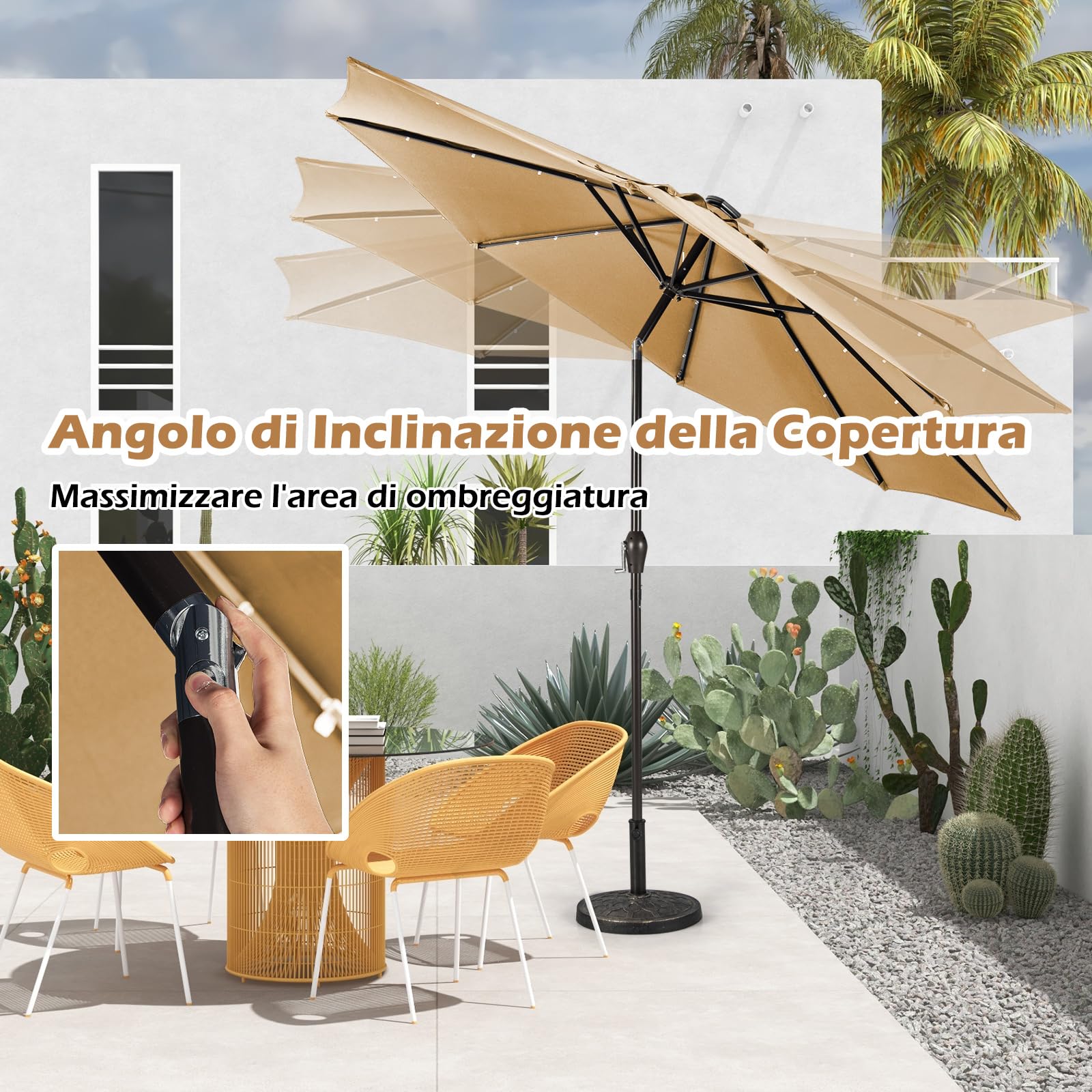 RELAX4LIFE Sombrilla de jardín 3 m/2,7 m con luces LED, sombrilla de exterior para protección solar UV y lluvia, sombrilla parasol para terraza, balcón, playa y jardín