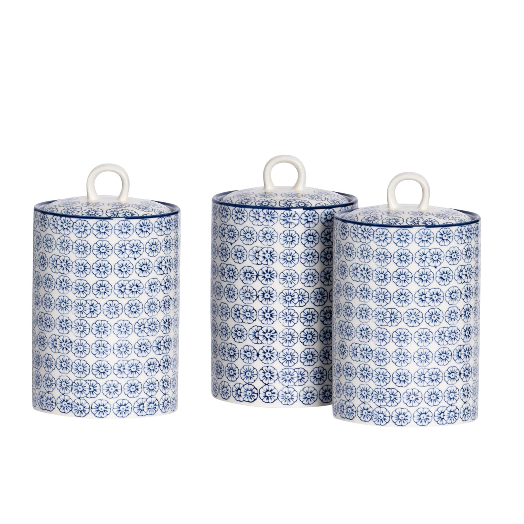 Nicola Spring Navy Patterned Kitchen Canisters - 1 Litre - Pack Of 3 - Porcelain Hand Printed Kitchen Storage Jar Airtight Biscuit Barrel For Biscuits, Oats, Tea, Coffee