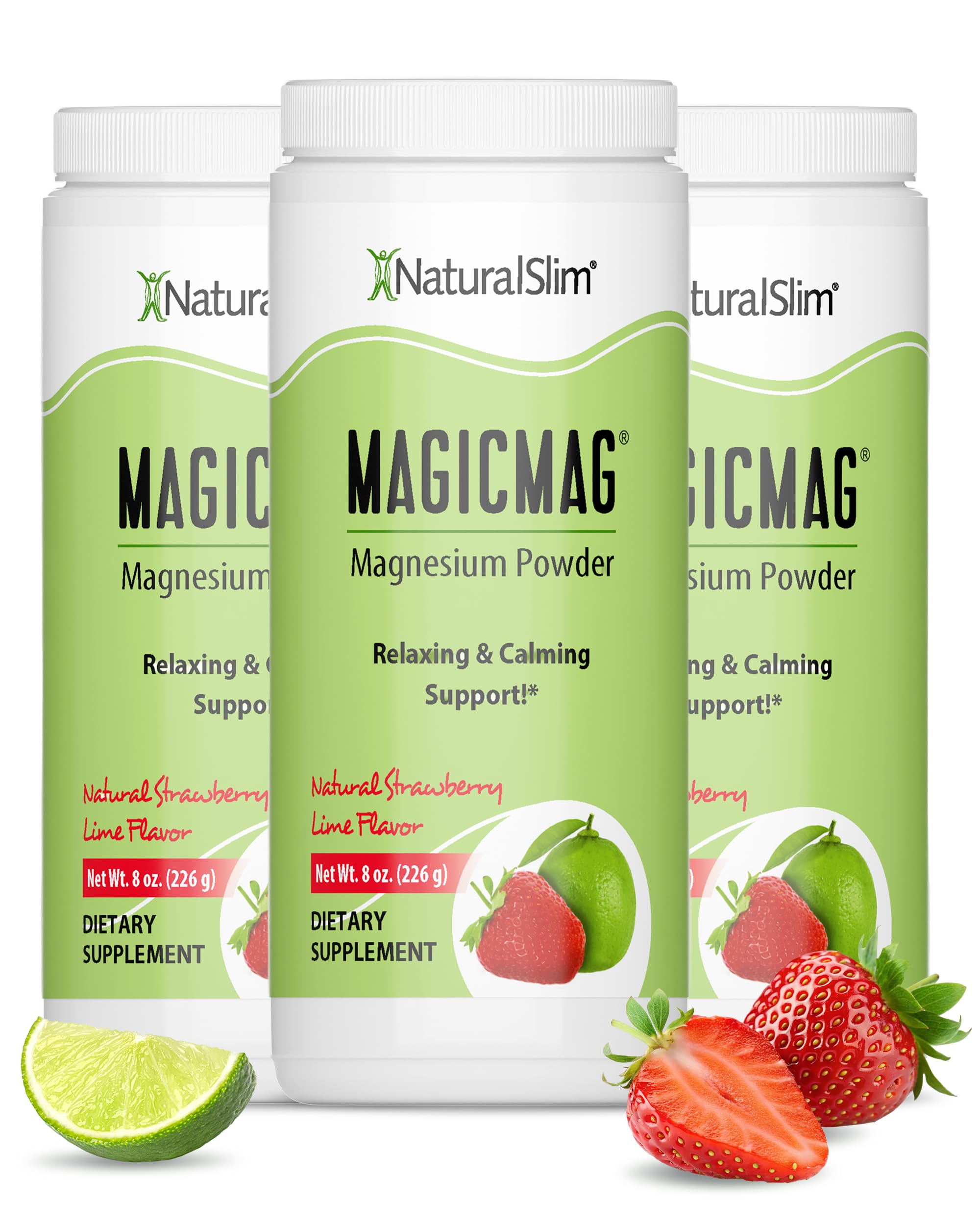 NaturalSlim Magicmag Pure Magnesium Citrate Powder – Stress, Constipation, Muscle, and Heart Support | Natural Strawberry & Lime Flavored Magnesium Supplement - 8oz Drink Mix (3 Pack)