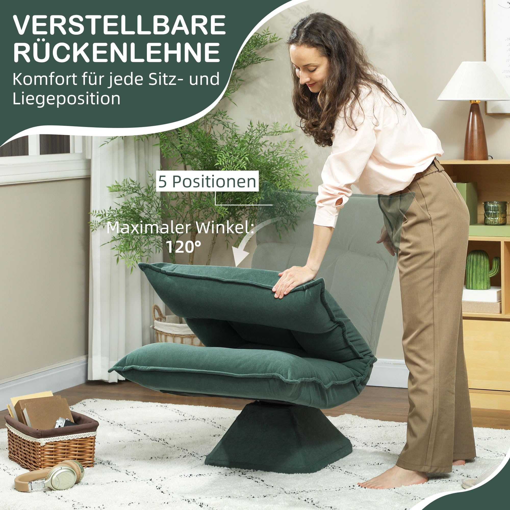 HOMCOM Chaise de sol, pivotante à 360 °, avec dossier réglable en 5 positions, pliable, pour méditation, salon, jeux et lecture, vert