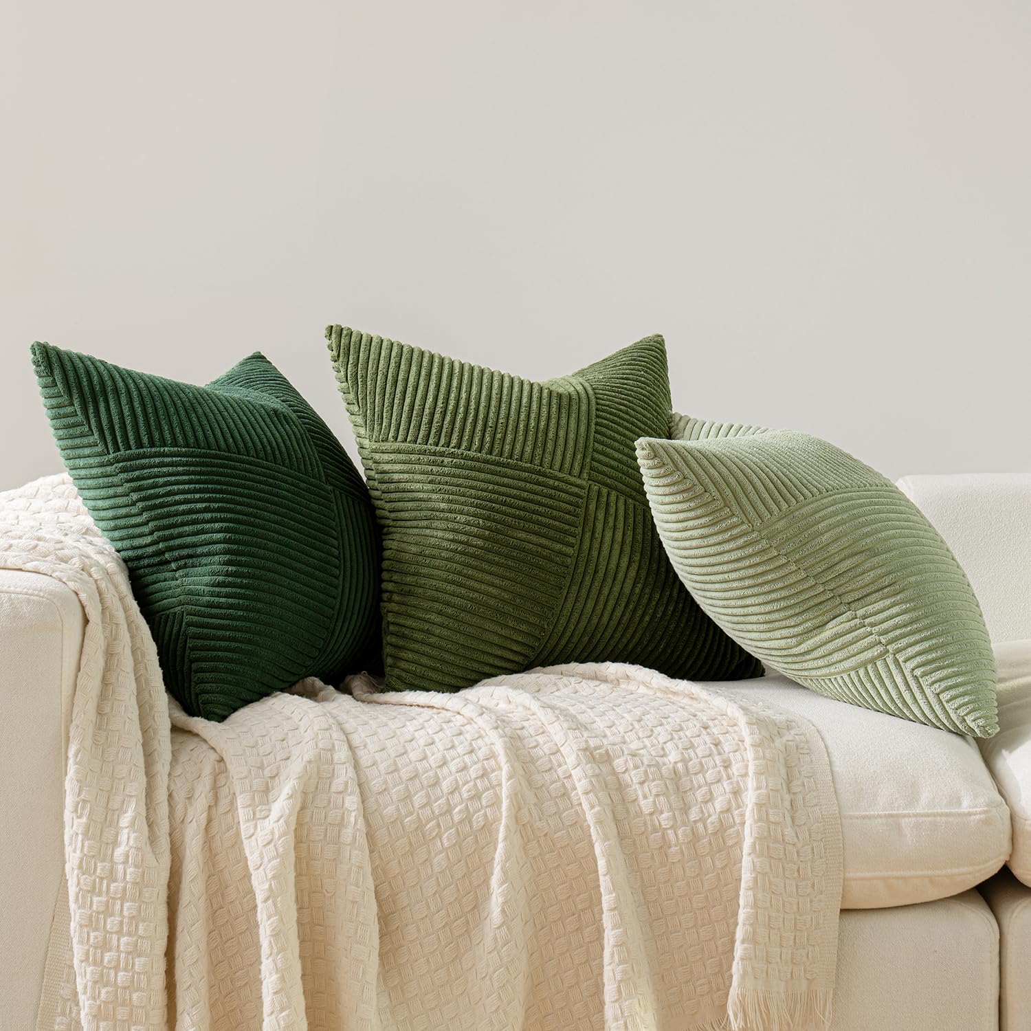 MIULEE Decorative Cushion Covers 40 x 40 cm Sage Green Corduroy Patchwork Design Striped Boho Pillow Cases Square Pillowcases Throw Pillow Covers for Sofa Living Room Bedroom Set of 2 - Image 2