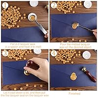 Vista 3 de 500 cuentas de cera de sellado octágono, cuentas de sello de cera dorada con 4 velas de té y 1 cuchara de fusión de cera para manualidades, letras