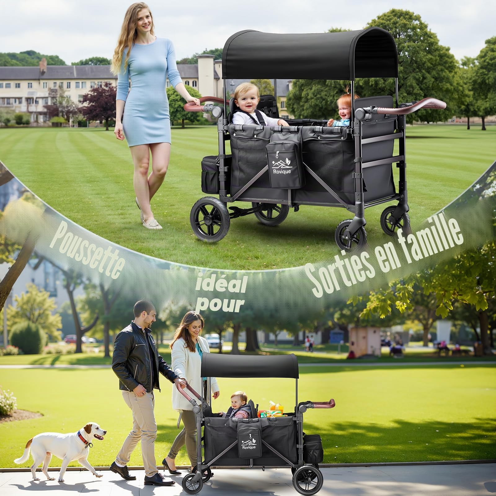 Chariot pliable avec toit pour 4 enfants, avec toit, plateau amovible, harnais à 5 points, poignée réglable, siège haut et grand espace de rangement, noir