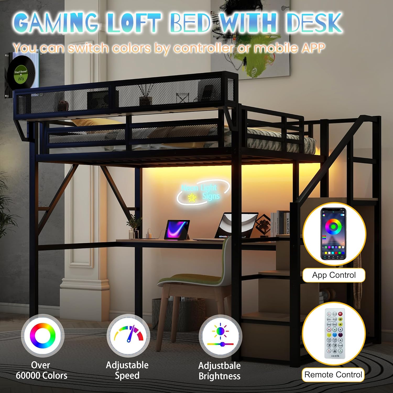 Gaming Full Loft Bed with Desk and Stairs, Metal Lofts Bed Full Size with Upper Storage Shelf, High LoftBed with Light, USB Charging Station and Wardrobe for Adults, Teens, Black