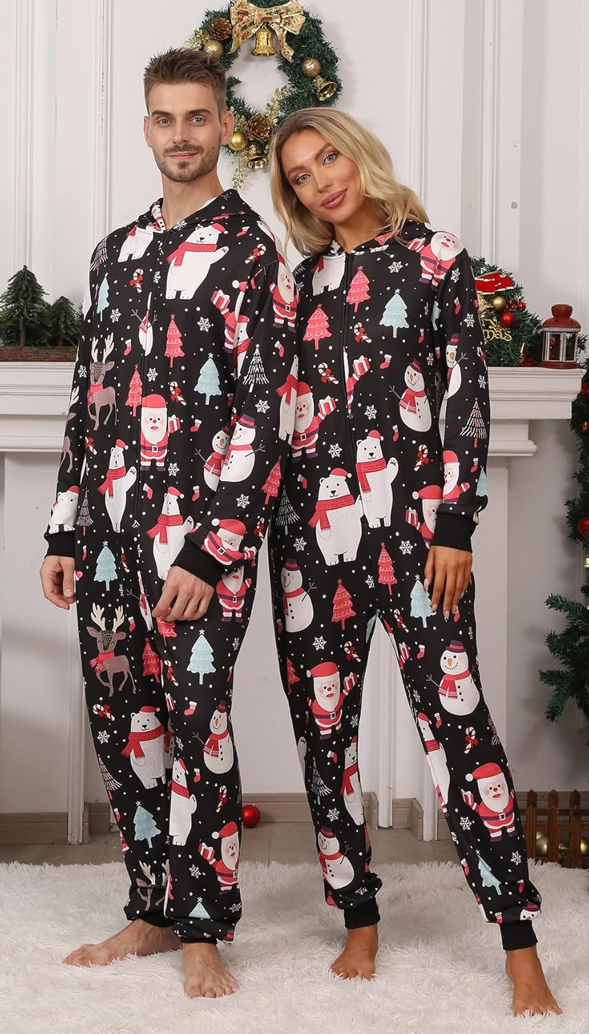 Matching Christmas Onesie Pajamas for Family/Couples, Cute Printed One-piece Pjs, Xmas Holiday Adult Hooded Sleepwear - Image 2