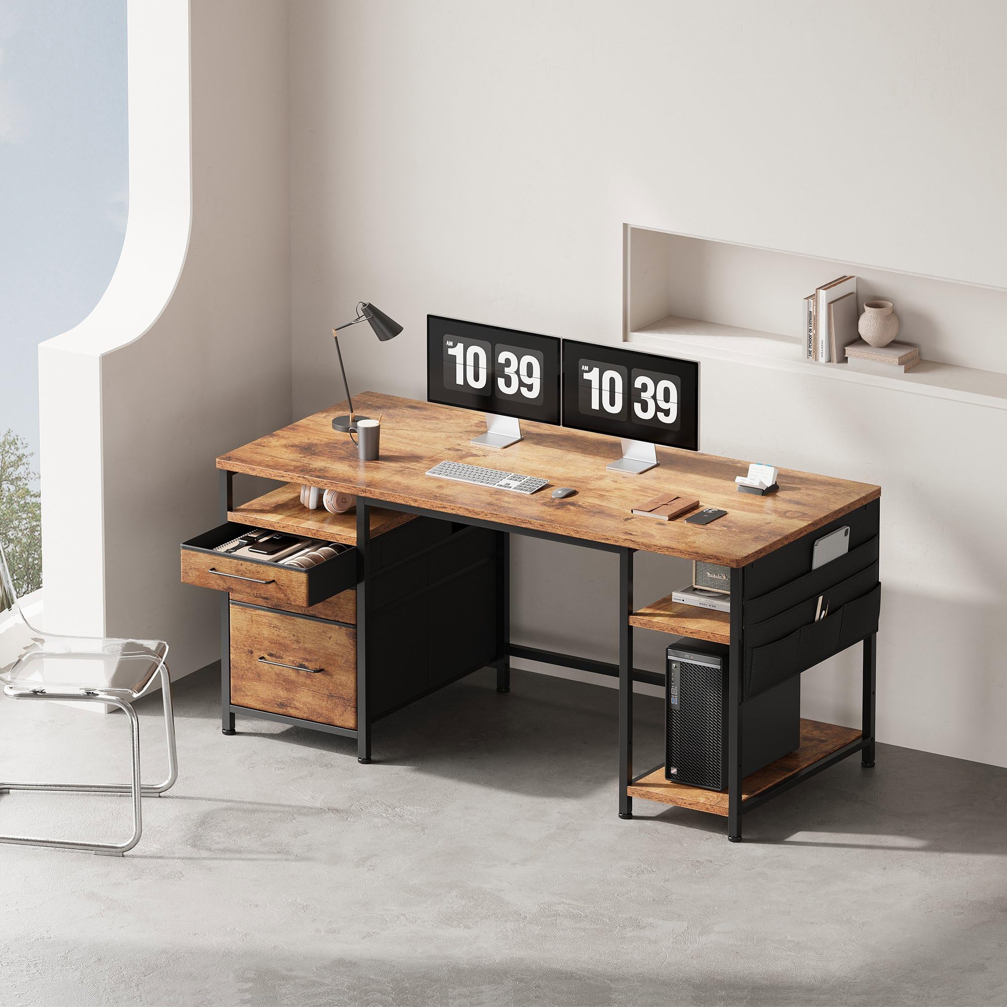 PLUS オフィスデスク　勉強机　パソコンデスク　 幅140cm　机上ラック付き パソコンデスク 省スペース 幅140cm 棚付 木製 PCデスク ラック