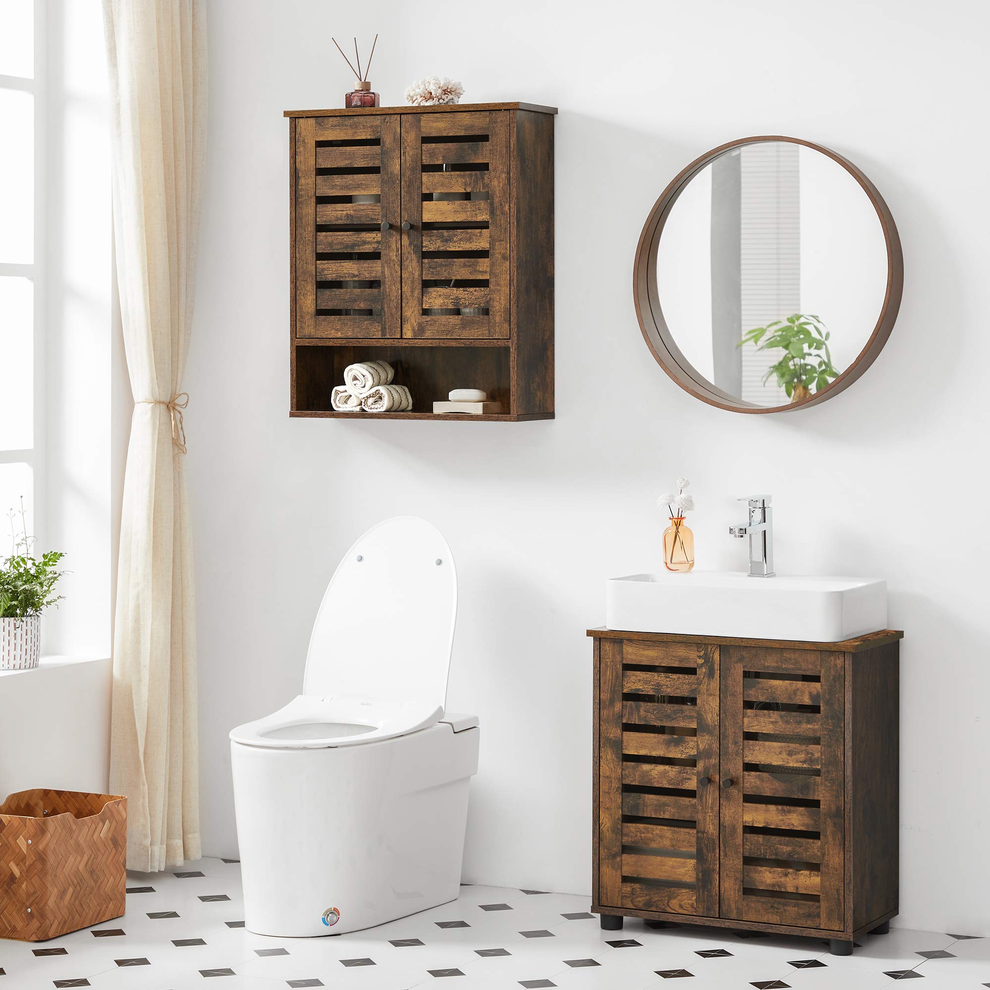 VASAGLE Meuble de Rangement Suspendu pour Salle de Bain, Armoire à Pharmacie, Placard, Compartiment Ouvert, étagère réglable en Hauteur, 60 x 20 x 70 cm, Marron Rustique BBK121X01