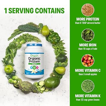 Orgain Organic Vegan Protein Powder + Greens, Vanilla Bean - 21g Plant Based Protein, Gluten Free, Dairy Free, Lactose Free, Soy Free, No Sugar Added, With Iron & Prebiotics for Gut Health - 1.94lb