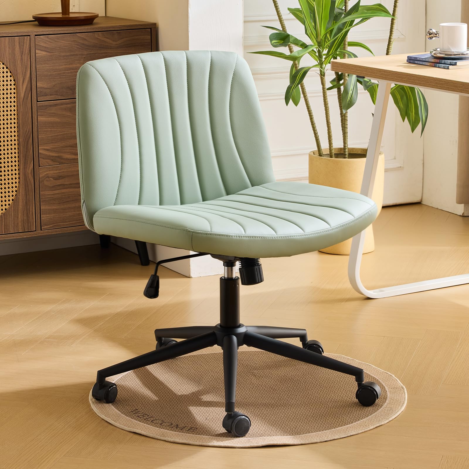 – Bonnlo Criss Cross Legged Thick Padded Armless Comfy Office Desk Chair with Dual-Purpose Base,Adjustable Swivel Modern Vanity Chair,Rolling for Home Office, Computer,Task,Makeup, PU, Mint Green