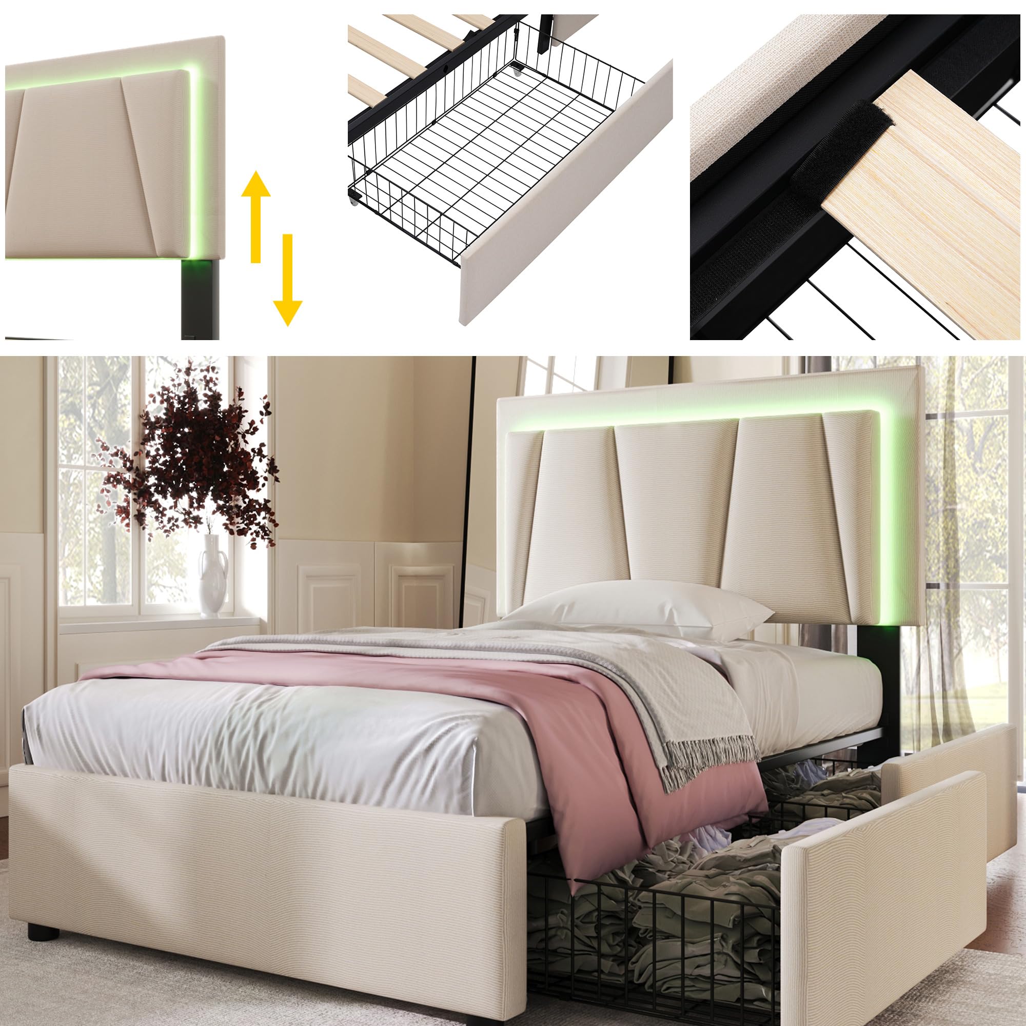 Gestoffeerd Opbergbed Cool 90 x 200 met rugleuning Beige