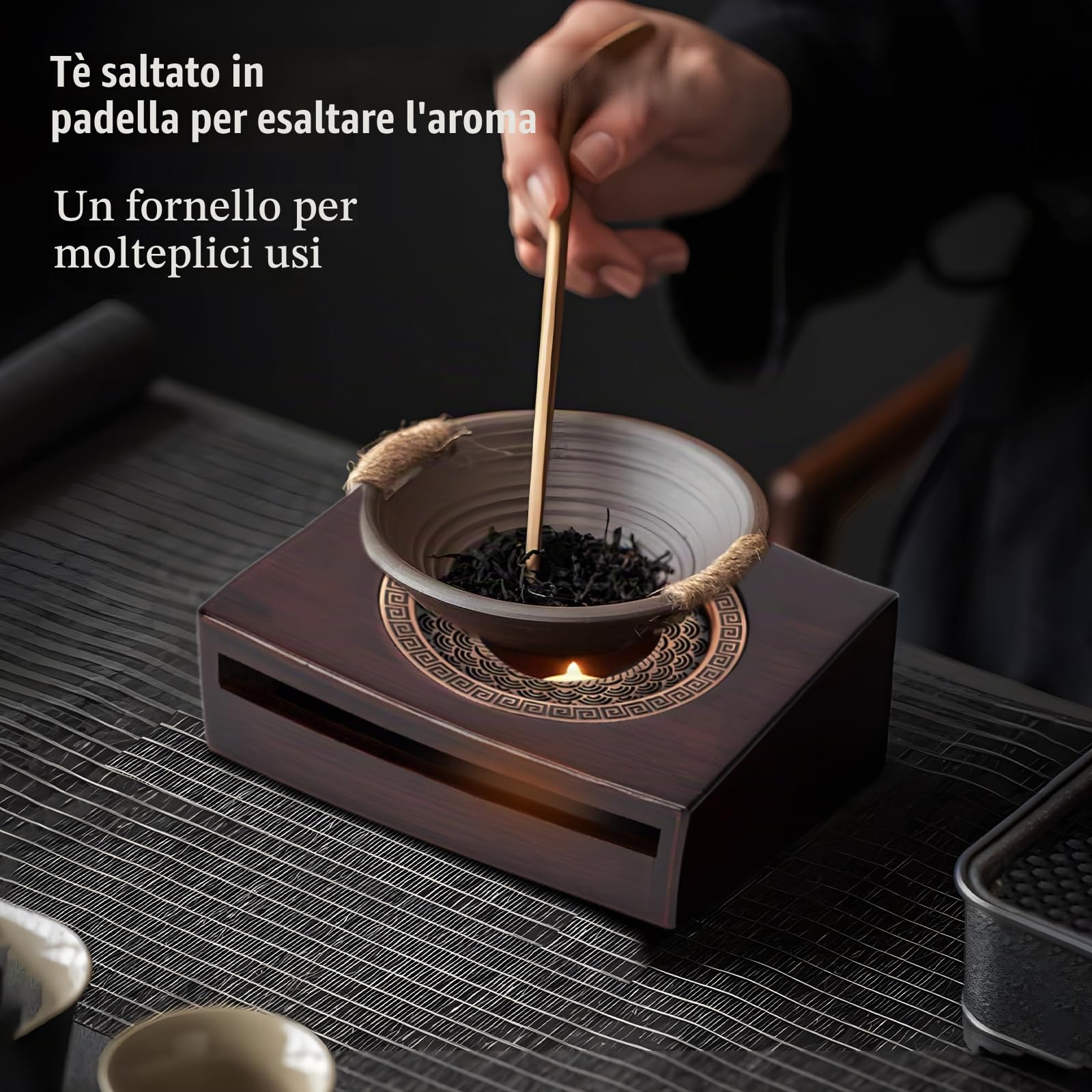 Scalda Teiera in Bambù,Scalda Teiera con Porta Candela,Scalda Tè e Caffè per Isolamento e Riscaldamento,Alta Qualità,Scuro, Quadrato