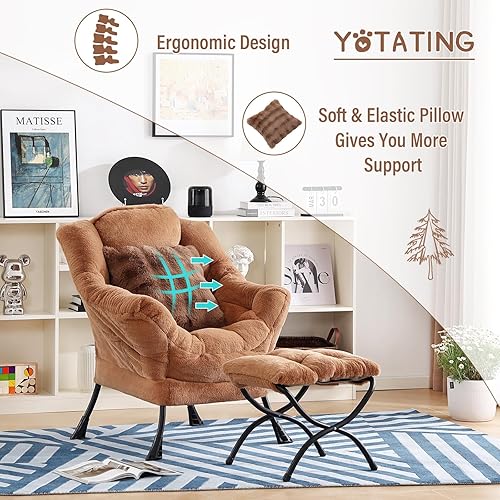 Miniatura 8 de Silla Lazy con otomana, cómoda silla de lectura con reposapiés y almohada, moderna silla de descanso con reposabrazos y bolsillo lateral para sala
