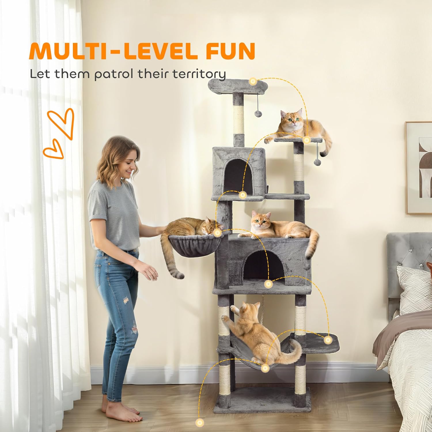 PawHut Cat Tree, 80" Large Cat Tower for Indoor Kittens with 2 Spacious Condos, Sisal Scratching Posts, 2 Hanging Balls, Comfy Hammock, Perches, Bed, Dark Gray