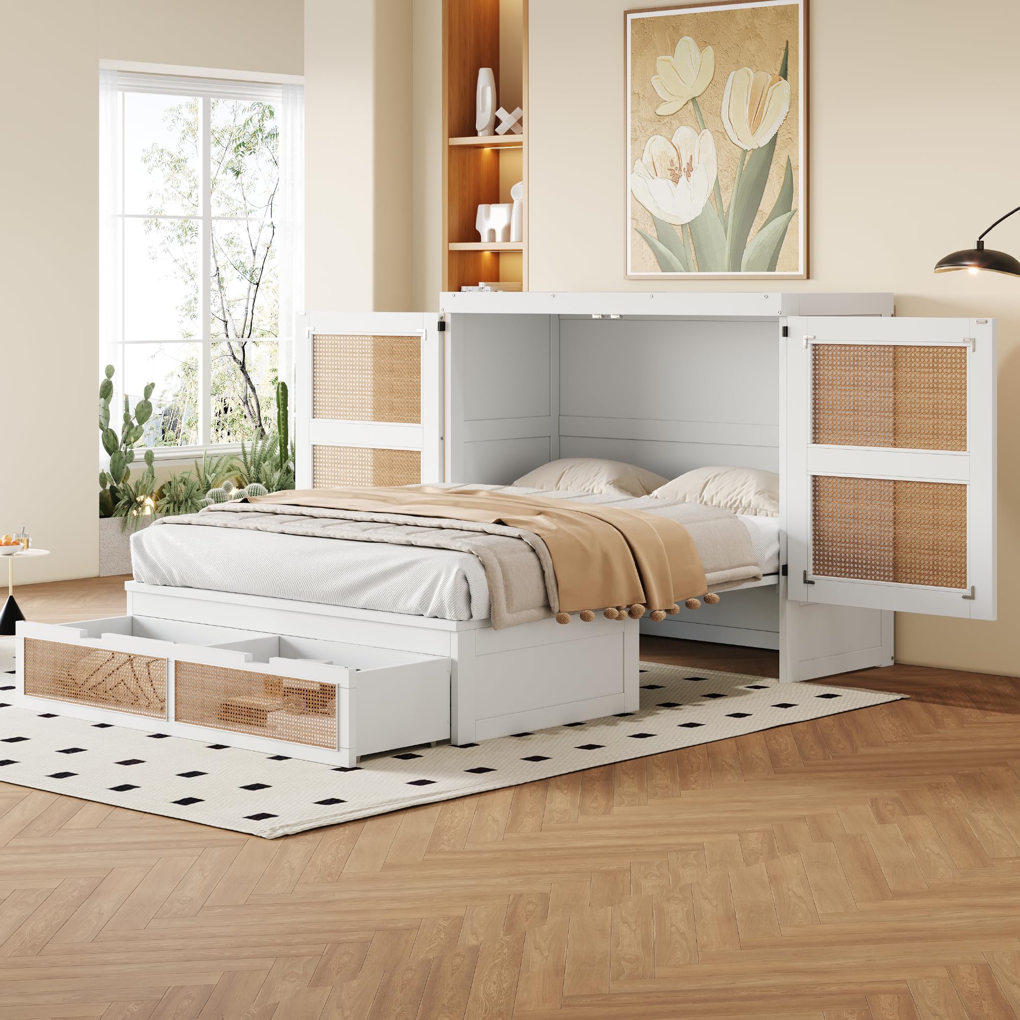 Cama Abatible 140x200 cm Camas Juveniles con Cajón de Almacenaje y Somier, Cama Juvenil Camas Matrimoniales, Murphy Bed, Diseño Que Ahorra Espacio, Sin Colchón, Blanco
