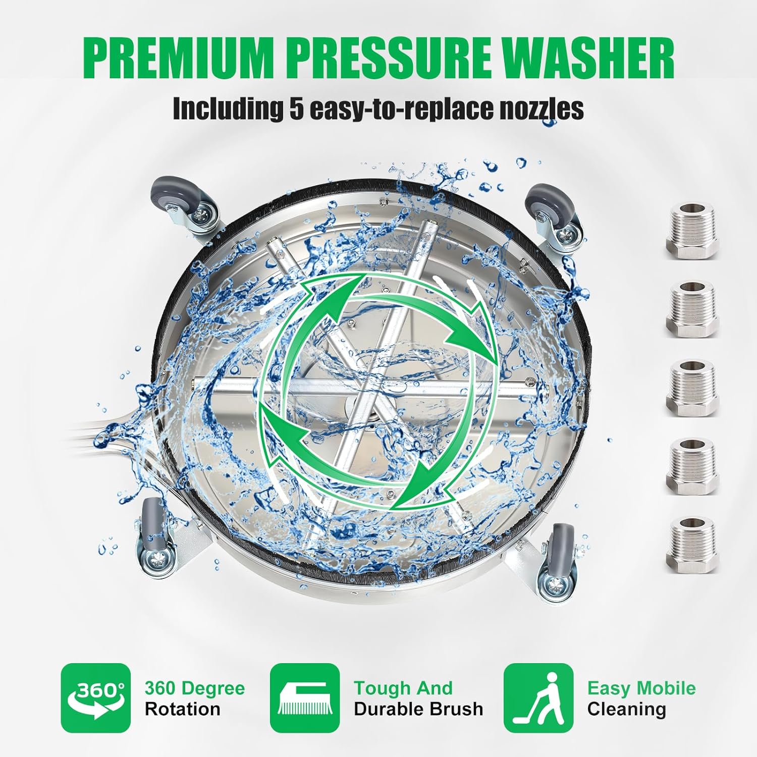 FAHKNS Pressure Washer Surface Cleaner 20" with 4 Wheels,1/4" Quick Plug, 2 Extension Wands,5 Replacement Nozzles for Runway, Mall, Patio,Driveways