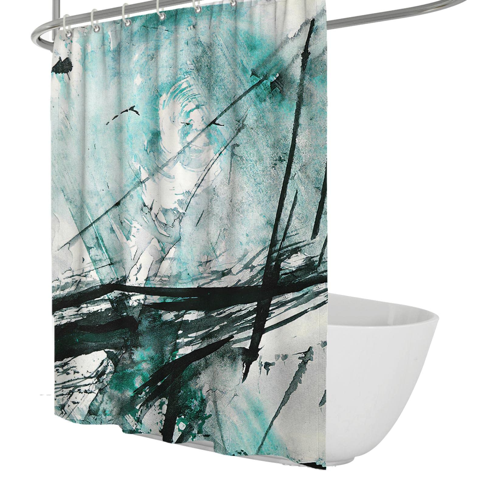 Pintura Abstracta con Juegos de Cortinas de Ducha Azules Juego de Cortinas de Ducha de Tinta artística con Ganchos Cortina de Ducha Impermeable y fácil de Limpiar para baño W190xL220cm