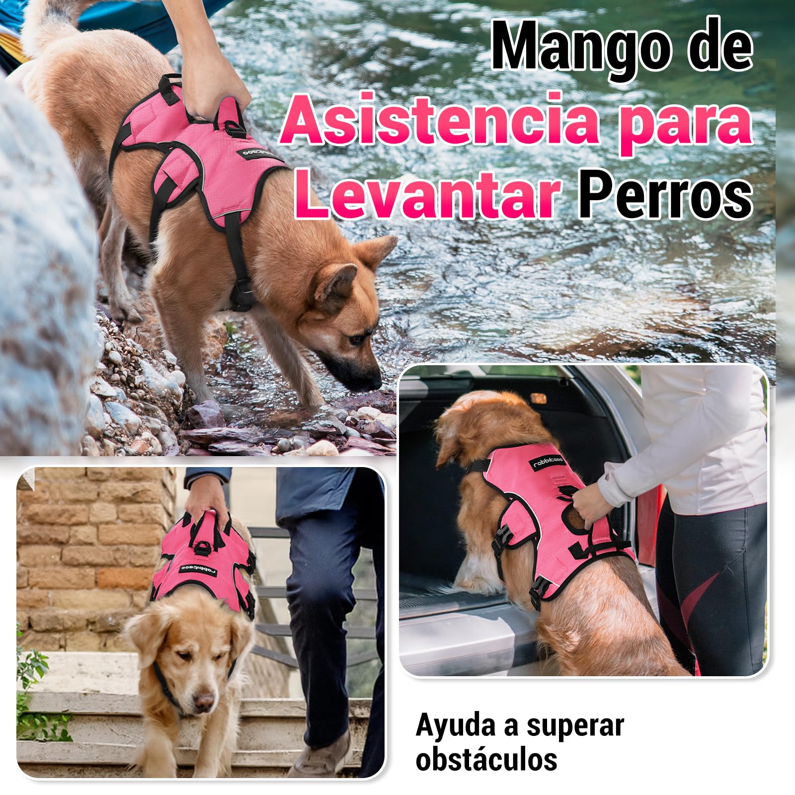 rabbitgoo Arnes Antitirones Perro Grande Mediano Ajustable con Manija de Espalda, Chaleco Acolchado Arnés para Perro Coche Lineas Reflecantes Paseo Fácil para Entrenamiento Tamaño Rosa S