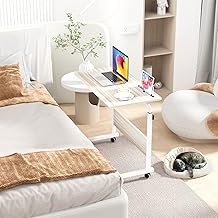 SogesPower 23.6 inches Mobile Laptop Desk Adjustable Height Stand Side Table with Wheels Workstation Laptop Computer Stand Bedside Table Portable Side Table for Bed Sofa,Mobile End Desk,White Maple