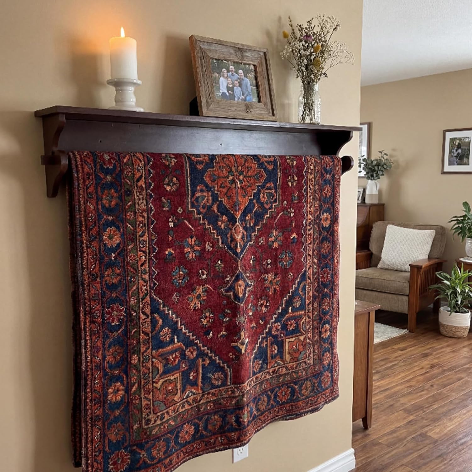 Marsui 48'' Wall Mounted Quilt Rack with Shelf Amish Made Quilt Hangers for Wall Hangings Solid Pine Wood Rustic Farmhouse Style Hanger for Bedroom Twin to King Blankets(Classic, Claret)