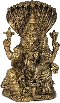 Exotic India 11" Fine Quality Narasimha with Lakshmi The Fourth Avatar of Lord Vishnu in Brass | Handmade | Mad