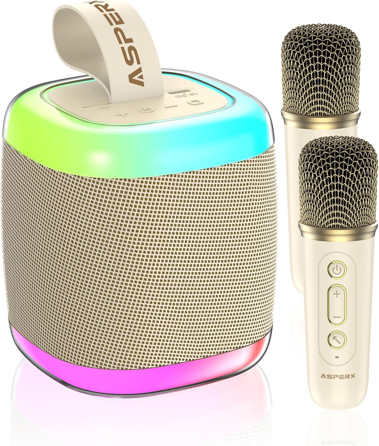 Karaoke Machine for Adults/Kids, Portable Bluetooth Speaker System with 2 Wireless Microphones, Karaoke Speaker with Light and Voice Effects, Supports TF, for Home Party, Meeting(Beige)