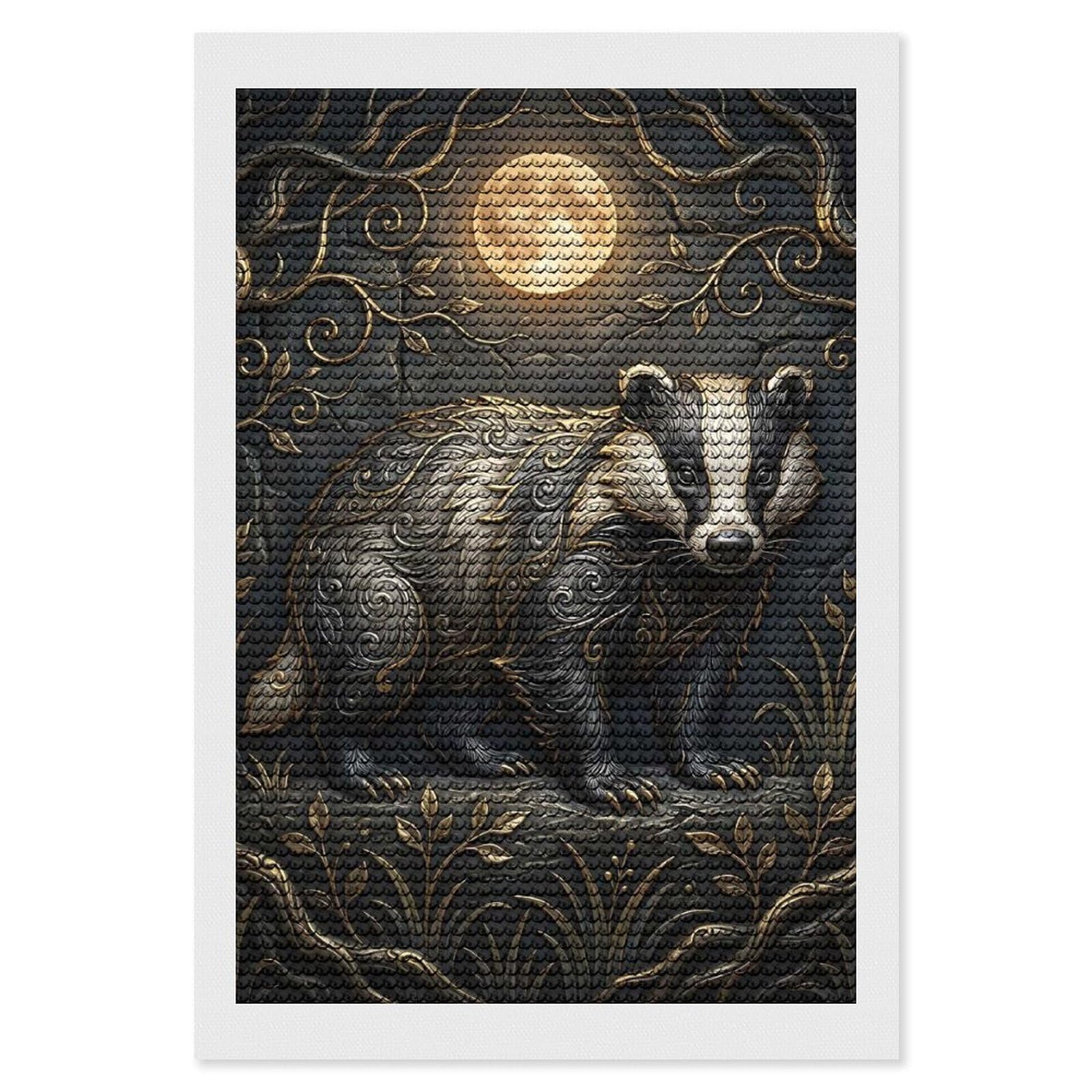Junmoney Ornate Badger Under The Moon Diamond Art Kit 8"x12", Modern Decor, for Adults, Printed Canvas, Holiday Gift Idea, Fun Craft Experience