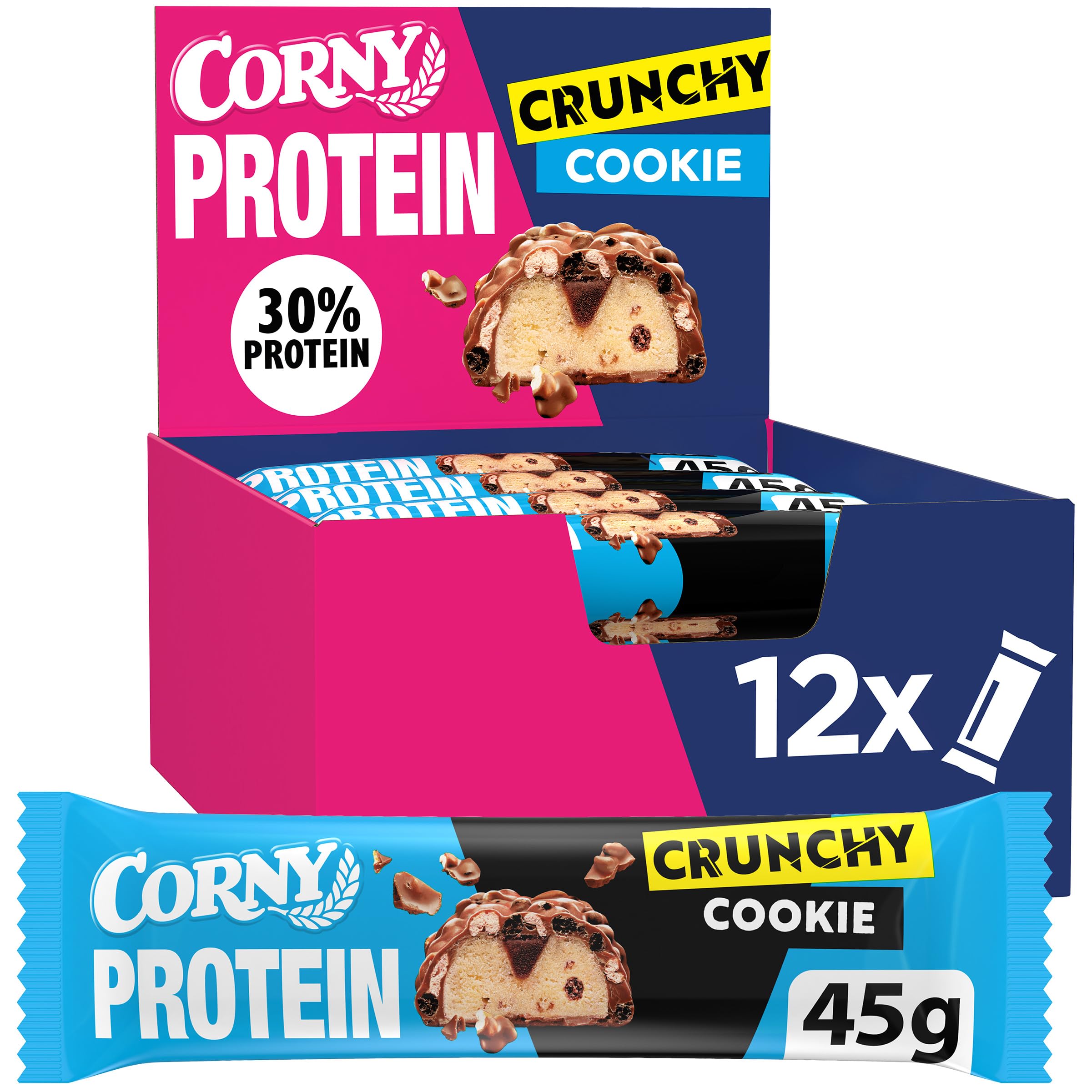 Proteinriegel | Corny Protein Crunchy Cookie Flavor | 30% Protein | Eiweißriegel ohne Zuckerzusatz | Großpackung 12x45g