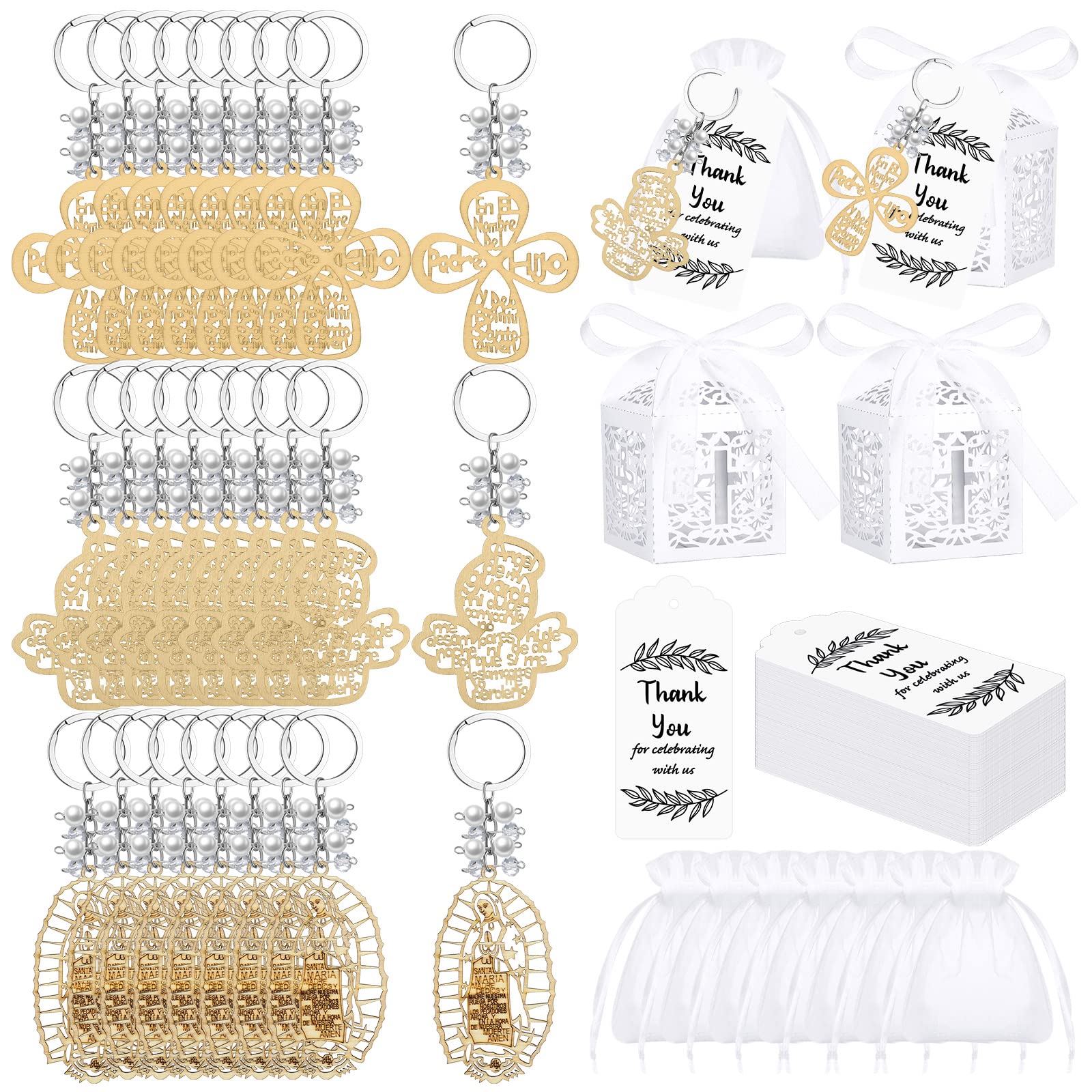 Ecally 120 Pcs Baptism Key Ring Recuerdos De Bautizo Para Cross Wooden Keychain Baptism Favor Boxes Organza Bags Thank You Tags for First Communion Party Gift, 30 Sets(White)