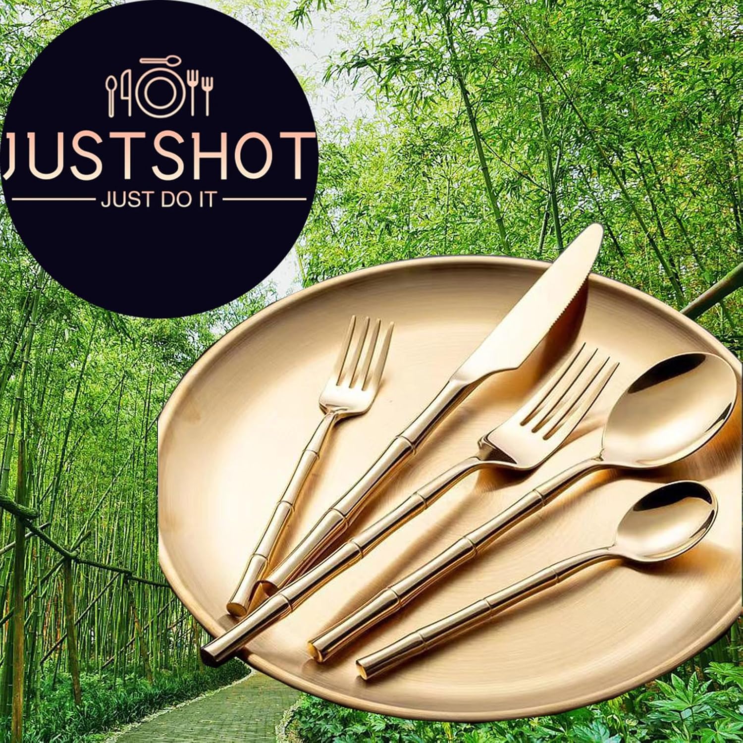 JUSTSHOT 60 Pieces Gold Plated Flatware Set for 12,Unique 1810 Stainless Steel Bamboo Pattern Handle Cutlery Set,Gold Forks and Spoons Bamboo Silverware Set,Mirror Polished,Dishwasher Safe