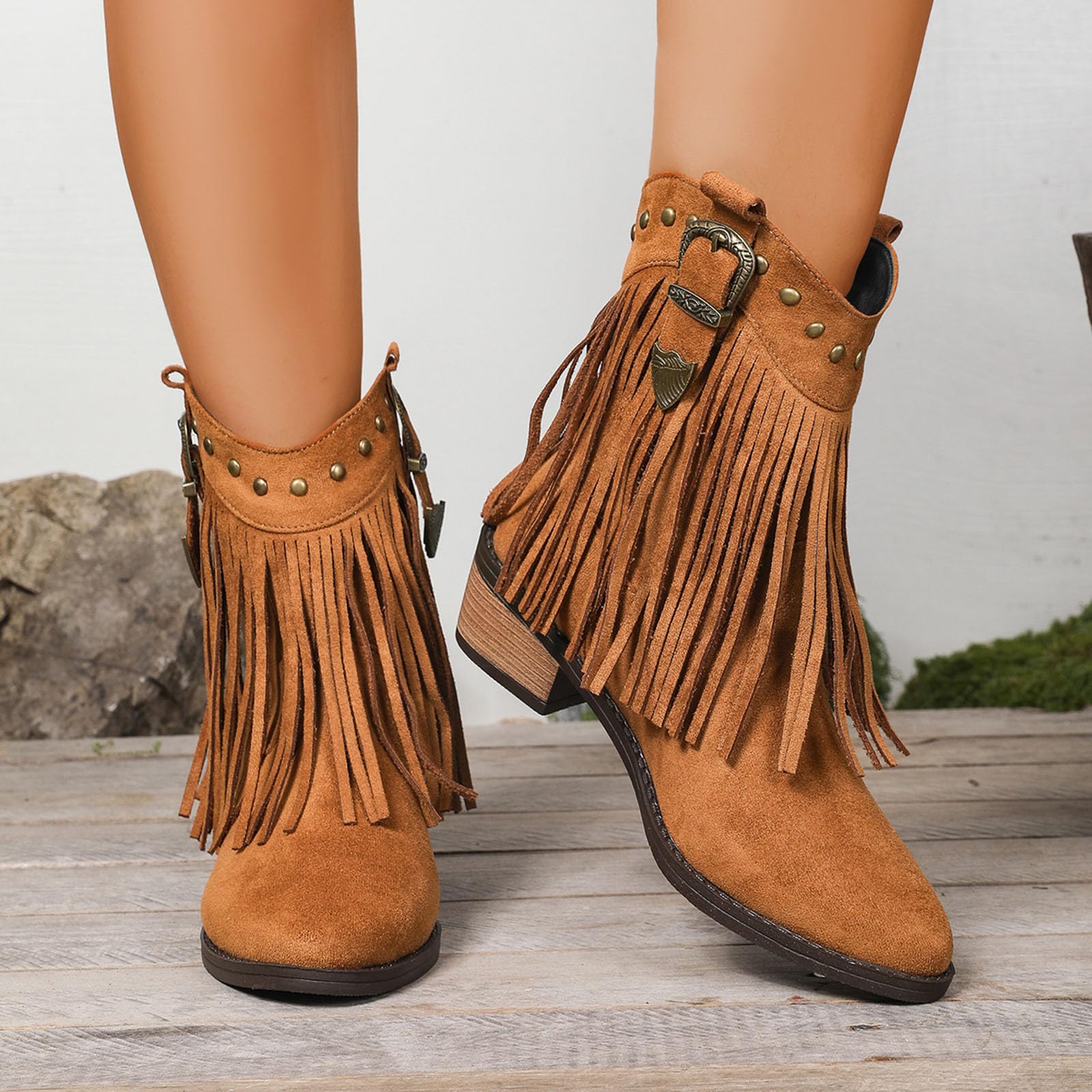 Generisch Damen Cowboystiefel Wildleder Halbstiefel Knöchelhoch Westernstiefel Spitz Niedrig Absatz Stiefel Perforierte Wildleder Halbstiefel Damenschuhe Lange Stiefel