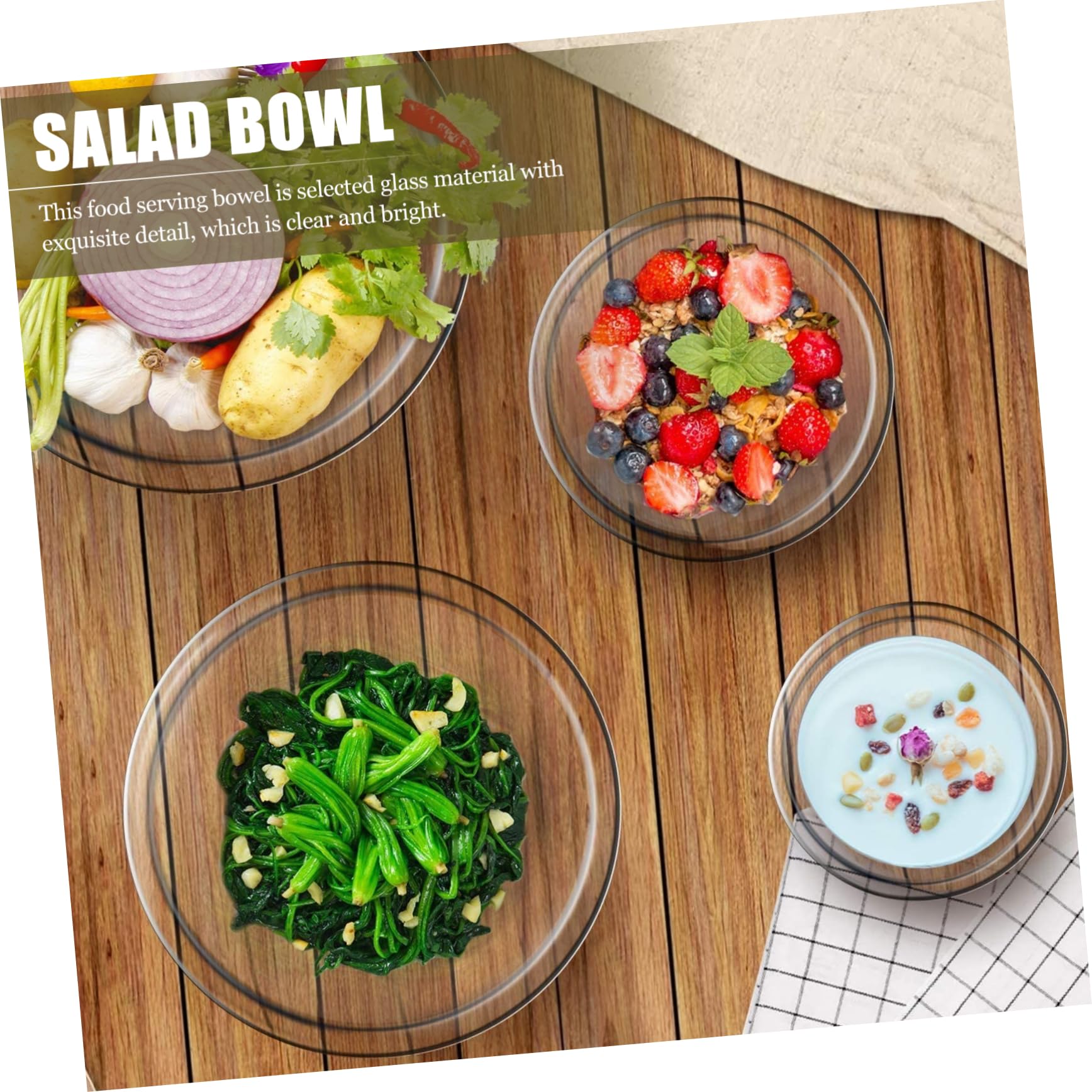 4 Stück Glas Schüssel 500ml-1600ml Mikrowellengeeignet und Kältebeständig Transparente Salatschüsseln für Küche und Speisenzubereitung